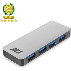 ACT USB-A Hub with power supply, number of ports: 4x USB A female, cable length 0.50m, aluminium housing (Micro USB), Dockingstation + USB Hub, Grau