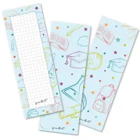 12er Set Lesezeichen für Kinder - Schulfächer Motive 5,2 x 14,8 cm - 3 Motive 4 mal enthalten - Blau Kariertes Papier Einschulung - für Mädchen und Jungs - dv_1252