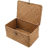 Esoes Aufbewahrungskorb aus geflochtenem Rattan, Aufbewahrungsbox mit Deckel, Seegras, Wäschekörbe, Make-up-Organizer für Badezimmer, Wohnzimmer, Küche (XL)