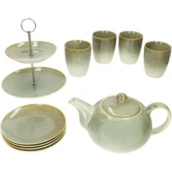 10tlg Teeset SCONES GRÜN aus Steingut 1x Etagere, 1x Kanne, 4x Becher & 4x Teller - 24303284