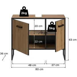 xonox.home Waschbeckenunterschrank Bagno 80x63x36 cm in Artisan Oak Nachbildung – Unterschrank mit 2 Türen, 4 Fächern & Siphonausschnitt – Viel Platz unter dem Becken, robust & modern gestaltet