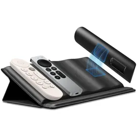 SPIGEN LD401 Fernbedienungshalter für Universalfernbedienungen Remote Caddy mit 4 Fächer Leder Fernbedienung Organizer mit magnetischer Halterung - Schwarz
