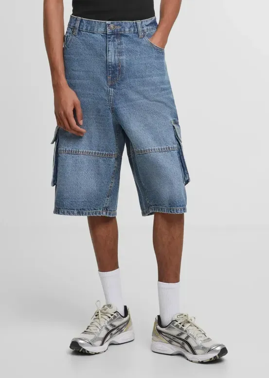 Urban Classics Denim-Cargoshorts, lockere Passform, mittel-tiefblau, gewaschen, Größe 31
