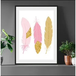 Bild QUEENCE "Maja", gold (farbe rahmen: schwarz, farbe bild(er): gold,rosa), B:30cm H:40cm, Acrylglas, Papier, Holz, Bilder, Federn, gerahmt