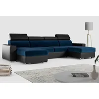 MKS MÖBEL Ecksofa FOX U, Polstersofa mit Bettkasten - U Form Couch mit Schlaffunktion blau|schwarz