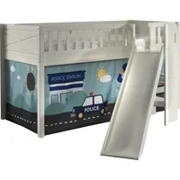 Vipack Hochbett Scott 90 x 200 cm Kiefer massiv weiß lackiert mit Rutsch-/Leiterturm und Vorhang Polizei