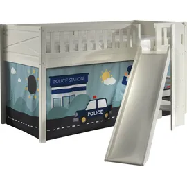 Vipack Hochbett Scott 90 x 200 cm Kiefer massiv weiß lackiert mit Rutsch-/Leiterturm und Vorhang Polizei