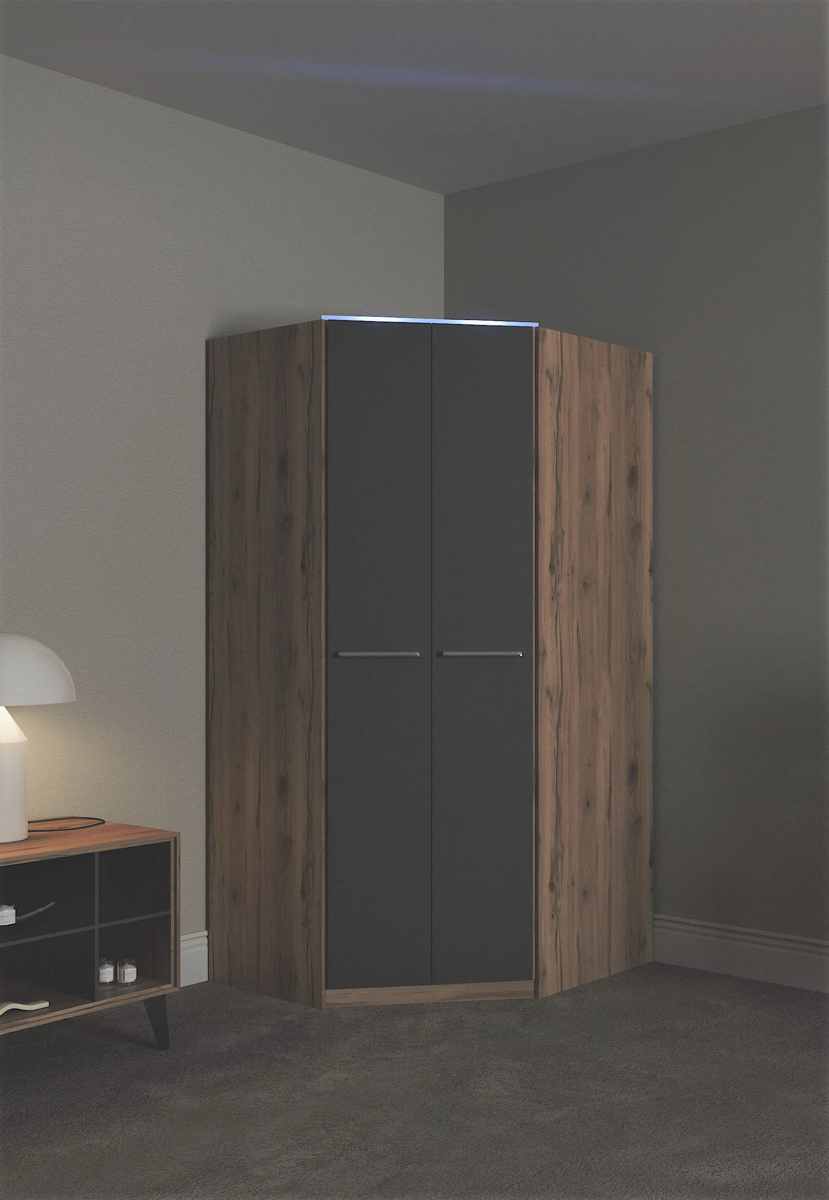 Eckkleiderschrank PRIESS "Barcelona Kleiderschrank Ecklösung Raumwunder" Schränke Gr. B/H/T: 95 cm x 193 cm x 95 cm, Tiefe Seitenteil 54 cm, mit Beleuchtung, schwarz (astkernbuche, schwarz) Eckschränke in 2 Tiefen Schrank Eckschrank Garderobe