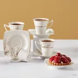 KARACA Autumn Porzellan Türkische Kaffeetassen-Set für 6 Personen, Kaffeeservice 90 ml, Espressotassen Set 6 teilig, Elegantes Blumenmuster mit Goldakzenten & Untertassen, Kahve Fincan Seti