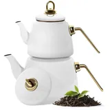 Homelux Teekanne Set, Wasserkessel Induktion Teekocher aus Emaille, Induktionsgeeignet, 2L+1L, Türkische teekanne, Caydanlik,Weiß - Weiß
