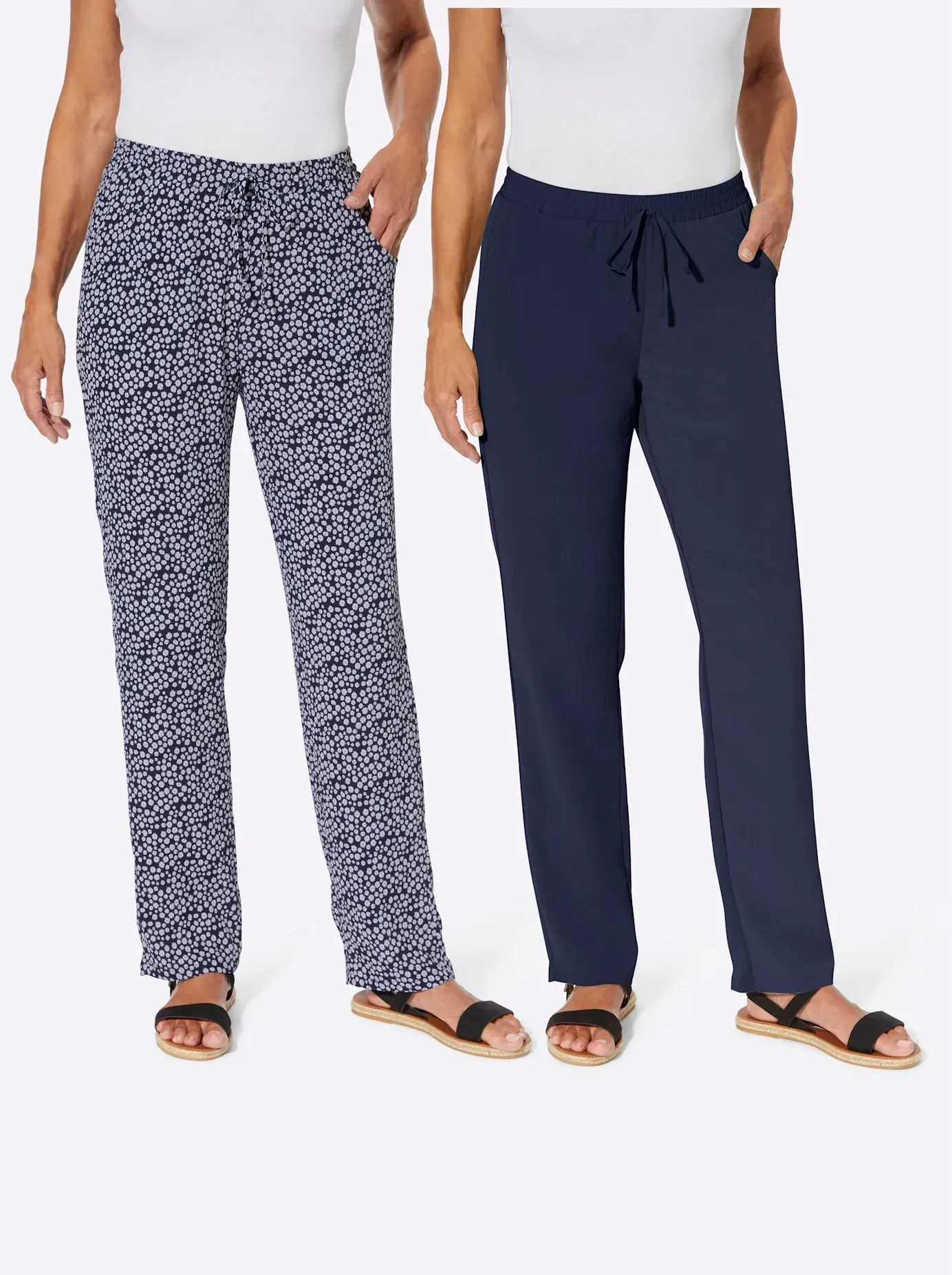 Schlupfhose CLASSIC BASICS, Damen, Gr. 42, Normalgrößen, blau (marine, marine, weiß, bedruckt), 100% Polyester, geblümt, gemustert, unifarben, lang, Hosen Schlupfhose
