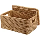 TOLIDA Natürlicher Aufbewahrungskorb aus Rattan Gewebter Wasserdichte Aufbewahrungskiste mit Deckel Im Wohn, Küche Kleiderschrank für Kleidung Büchern Obst Gemüse Kosmetik 30×20×15CM