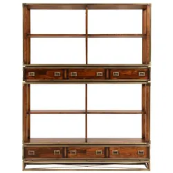 Casa Padrino Luxus Vintage Stil Regalschrank Braun / Messing 152 x 35 x H. 200,5 cm - Vintage Stil Bücherschrank mit 6 Schubladen - Luxus Wohnzimmer Massivholz Möbel im Vintage Stil