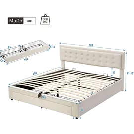 SOFTWEARY Polsterbett, Doppelbett mit Lattenrost, Bettkasten und Schubladen, gepolsterter Kopfteil höhenverstellbar, Bezug aus Samt Beige