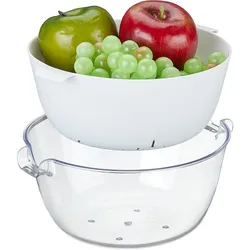 Relaxdays Sieb mit Schüssel, Kunststoff, Obst & Gemüse waschen, Nudeln abgießen, Rührschüssel, Griffe, transparent/weiß
