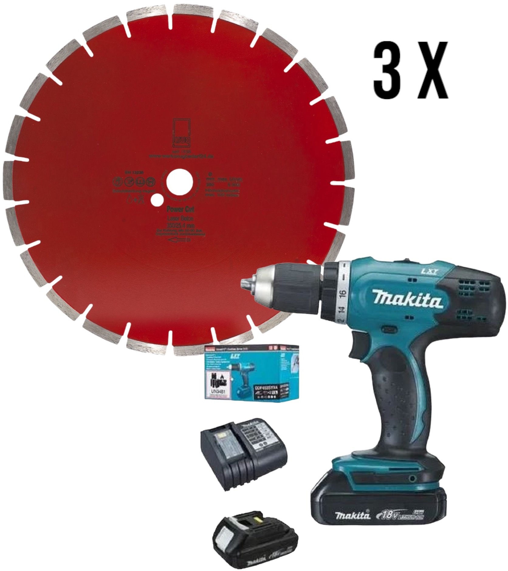 Set 1 x Makita DDF453SYX4 Akku-Bohrschrauber 2x Li-ion 18V/1,5 Ah + 3 x Diamantscheibe Power Cut Beton Laser 350/25,4 mm