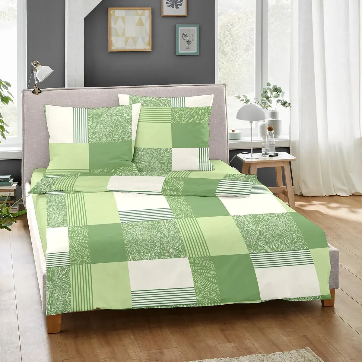 Dormisette Feinbiber Bettwäsche Ystad grün 135x200 cm + 80x80 cm - grün
