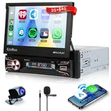 2G+64G Wireless Carplay Android 13 Autoradio 1 Din mit Android Auto Navi GPS WiFi 7 Zoll Automatisch Ausfahrbares Bildschirm Autoradio mit Mirror Link Bluetooth FM/RDS/DAB/SWC/EQ/DVR Rückfahrkamera