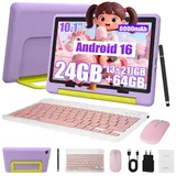 Happybe 10’’ 24(3+21)GB+64GB Android 16 mit Hülle Kindersicherung WLAN Kinder Tablet (10.1", 64 GB, Android) lila|rosa