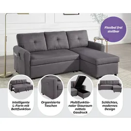 Atlantic Home Collection Schlafsofa "Gustavo L-Form, B: 199 cm", grau (dunkelgrau), B:199cm H:82cm T:127cm, 100% PES, ATLANTIC HOME COLLECTION, Sofas, Schlafsofa, mit Bettfunktion, Bettkasten & seitlichen Taschen, Topseller