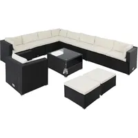 Casaria® Gartenmöbel Set Polyrattan 11 Personen Wetterfest Tisch 5mm Sicherheitsglas Lounge Outdoor Terrasse Eck Sofa Sitzauflagen Schwarz-Creme