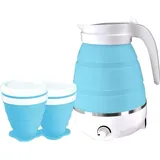 Faltbarer Wasserkocher, 600ml Elektrischer Silikon Wasserkocher Camping Wasserkessel mit 2 Faltbaren Becher Reise Wasserkocher für Camping, Wandern und Drinnen (Blau)