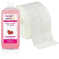 N&BF Nagel Cleaner Set mit Duft 500ml + 1000 Zelletten Cellulose Pads (2 Rollen à 500 Stück) - 70% Isopropanol-Alkohol – für Gelnägel – Nagelreiniger – kosmetisch rein in Studioqualität (Erdbeer)