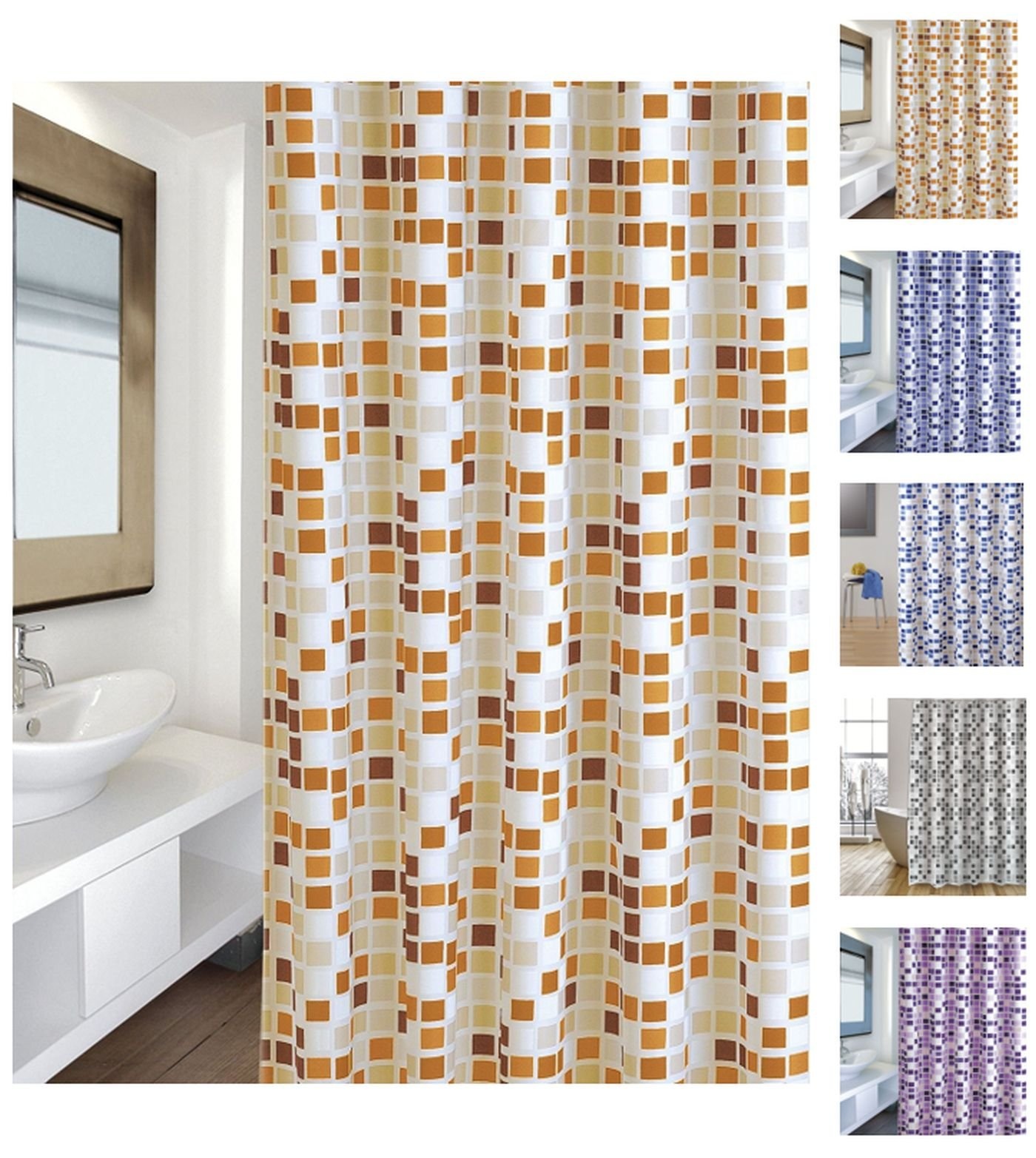 MSV Cotexsa by 142102 Premium Anti-Schimmel Textil Duschvorhang - Anti-Bakteriell mit 12 Duschvorhangringen - Polyester, „Mosaik“ Orange 180x200cm – Made in Spain