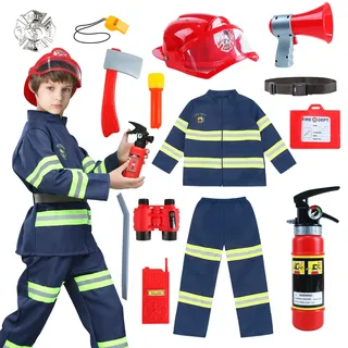 Feuerwehrmann Kostüm für Kinder 3-10 Jahre - Blaue Feuerwehr Jacke Mit Feuerwehrhelm, Feuerlöscher, Taschenlampe und Walkie-Talkie Set - Faschingskostüm für Jungen und Mädchen - 100