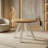 Runder Esstisch Ausziehbar 100–180 cm mit Weißen Holzbeinen aus Buchenholz – Moderner Ausziehtisch für Esszimmer, Küche und Wohnzimmer – T... - Braun