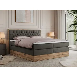 MKS Meble King Boxspringbett 180x200 mit Bettkasten Eiche, Polsterbett 180x200 mit Matratze H3, Bett 180x200 mit Kopfteil, Bett mit Holzrahmen in W... - Dunkelgrau