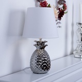 ETC Shop Tischlampe Beistellleuchte silber Schreibtischlampe modern Leselampe im Ananas Design Nachtlicht, Keramik Textil weiß, 1x E14 Fassung, DxH 20x35 cm