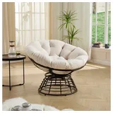 BBWL Sofa 360° Drehbar, ergonomischer Rattan Sessel mit dickem Kissen, Papasan Schaukelstuhl für Wohnzimmer Schlafzimmer Lesen Braun weiß