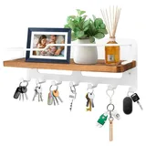 TUWENA Wandhaken Schlüsselbrett Holz mit Ablage, Schlüsselablage Wand mit 7 Haken, Schlüsselbrett Organizer für Eingang, Flur, Schlafzimmer, Wohnzimmer weiß