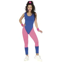 FIESTAS GUIRCA 80er Jahre Workout Aerobic Training Anzug Kostüm – 80er Jahre blauer und rosafarbener Sport Outfit für Karneval Fasching Damen Größe M 36-38