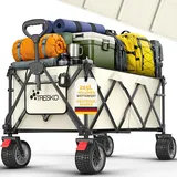 TRESKO® Bollerwagen faltbar 215L mit Bremse | Handwagen klappbar 150kg inkl. Vollgummireifen | Faltbarer Strandwagen Extra Breite All-Terrain-Räder | Transportwagen mit Tragetasche (Beige)