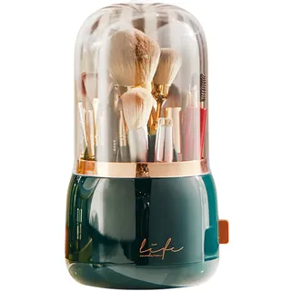 Bingobang Make-up Organizer Pinselhalter 360 Grad drehbar mit staubdichtem Deckel, Spinning Kosmetik Organizer Acryl, Aufbewahrung für Lippenstift, Lipgloss, Schlafzimmer, Badezimmer (Dunkelgrün)