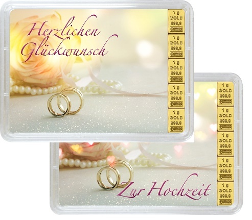 5 x 1 g Gold Geschenkkarte Glückwunsch zur Hochzeit