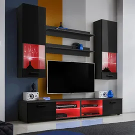 komodee Komodee, Wohnzimmerset, Schwarz, Schwarz, Holzwerkstoff, 8 Fächer, Rechteckig, 200x190x45 cm, Wohnzimmer, Wohnwände, Wohnwand-Sets