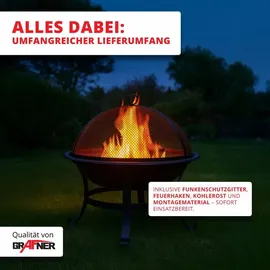 Grafner Feuerschale mit Funkenschutz, Kohlerost und Schürhaken, Ø 50 cm, hitzebeständige Beschichtung, stabile Füße, wohlige Wärme & gesellig...