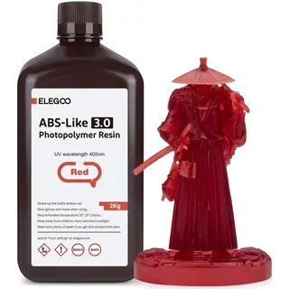 ELEGOO 405nm ABS-Like Resin 3.0, UV-Härtendes 3D Resin mit Hohe Präzision, Nicht Spröde, Verbesserte Festigkeit und Zähigkeit für LCD/DLP 3D Drucker Photopolymer Harz Klarrot 2000g