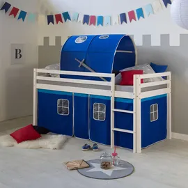 Homestyle4u Hochbett 90 x 200 cm Kiefer massiv lackiert weiß blau