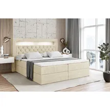 altdecor Boxspringbett mit Matratze (20 cm hoch) und Topper (4 cm hoch), Polsterbett mit Kopfteil, Bettkasten und LED Licht - NOEL GOLD - 120x200 -... - Beige
