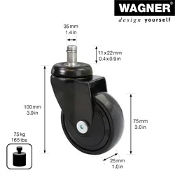 WAGNER 360° - 3C Design-Lenkrolle - Ø 75 mm, soft, Kugellager, Steckstift 11x22 mm, schwarz, Tragkraft 75 kg - 01227761