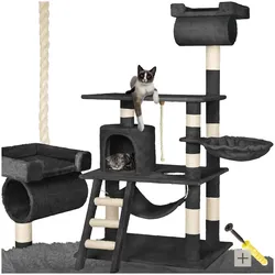 tectake® Kratzbaum, 141 cm, mit Katzenhaus, inklusive Spielkordel und Kippschutz