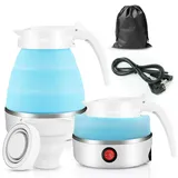 Faltbarer Wasserkocher, Piashow 600ml Camping Wasserkocher Mini Reisewasserkocher Faltbar Silikon Wasserkessel mit 2 Faltbecher, Reise Wasserkocher Faltbar Elektrisch Klein für Camping, Reise, Outdoor