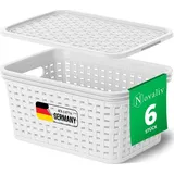 Novaliv 6er Set Aufbewahrungsboxen mit Deckel Mini 2L Korb Weiß in Rattan Design Lebensmittelecht Aufbewahrungskorb Stapelboxen Nestbar Kunststoff...