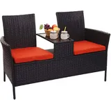 Mendler Poly-Rattan Sitzbank mit Tisch HWC-E24, Gartenbank Sitzgruppe Gartensofa, 132cm - schwarz, Kissen Terracotta