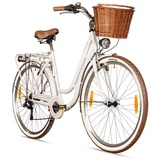 bergsteiger Cityrad Marseille 26 Zoll, 28 Zoll Damenfahrrad, ab 150 cm, Korb aus Rattan, 6 Gang, Kettenschaltung, V-Bremsen weiß