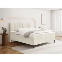 WFL GROUP Boxspringbett mit Bettkasten – Polsterbett 140 x 200 cm mit H4 Taschenfederkern Matratze & 5 cm Topper – Stauraumbett mit hohem Kopftei... - Creme/Weiß